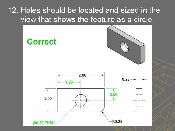 12. Holes should be located and sized in the view that shows the feature