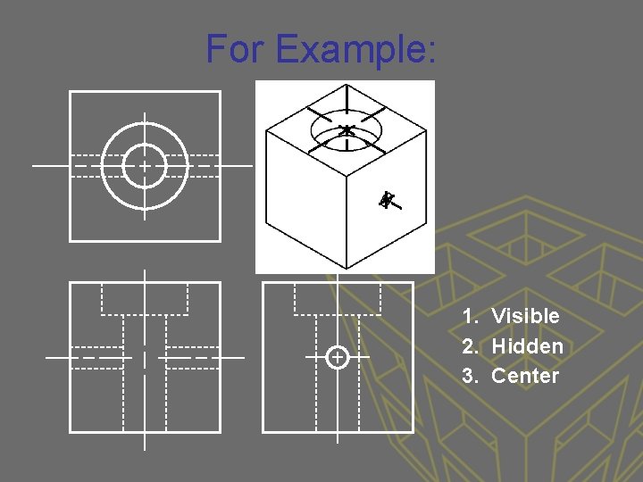 For Example: 1. Visible 2. Hidden 3. Center 