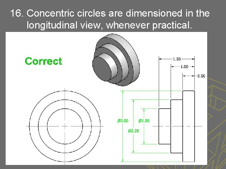 16. Concentric circles are dimensioned in the longitudinal view, whenever practical. 