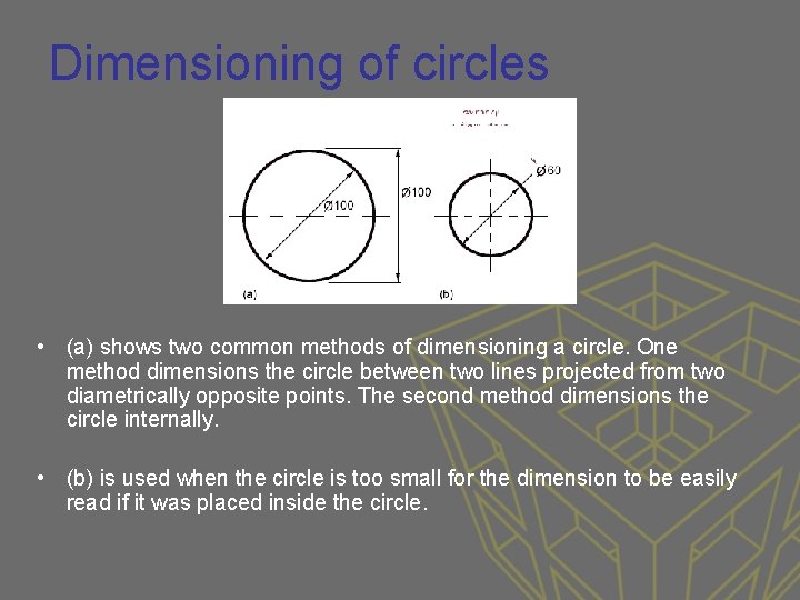 Dimensioning of circles • (a) shows two common methods of dimensioning a circle. One