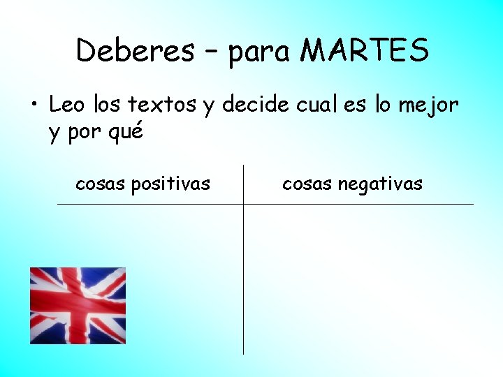 Deberes – para MARTES • Leo los textos y decide cual es lo mejor Deberes – para MARTES • Leo los textos y decide cual es lo mejor