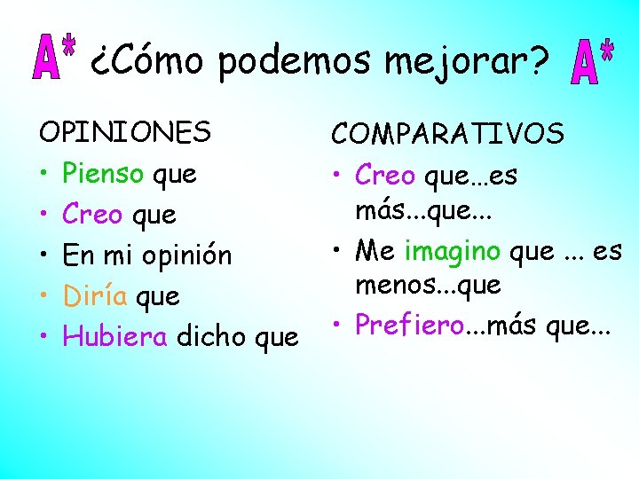 ¿Cómo podemos mejorar? OPINIONES • Pienso que • Creo que • En mi opinión ¿Cómo podemos mejorar? OPINIONES • Pienso que • Creo que • En mi opinión