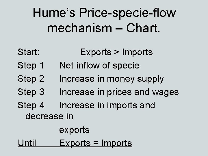 Hume’s Price-specie-flow mechanism – Chart. Start: Exports > Imports Step 1 Net inflow of