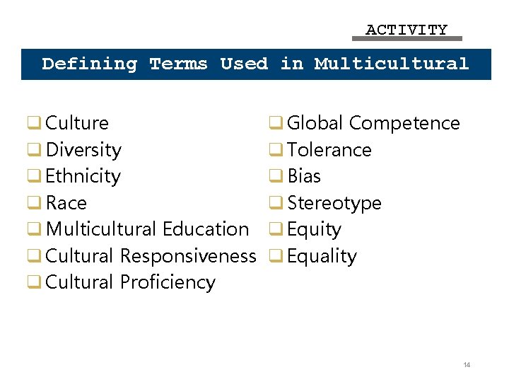 ACTIVITY Defining Terms Used in Multicultural Education q Culture q Diversity q Ethnicity q