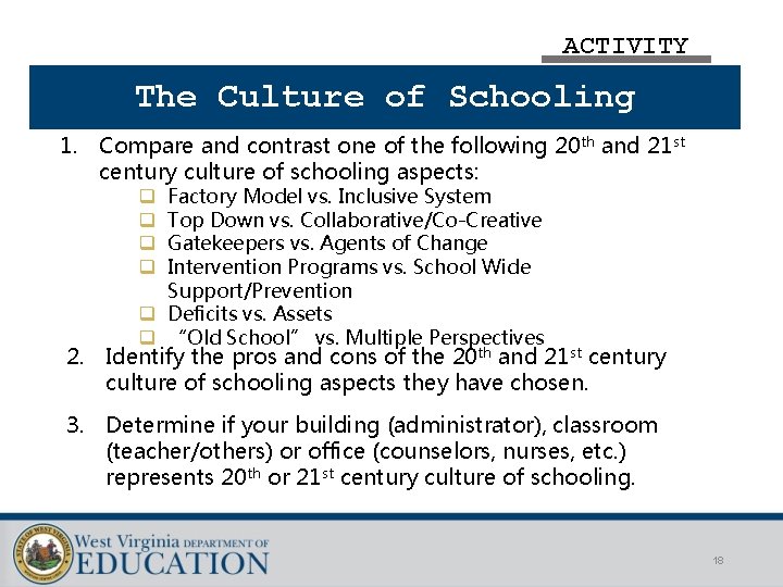 ACTIVITY The Culture of Schooling 1. Compare and contrast one of the following 20