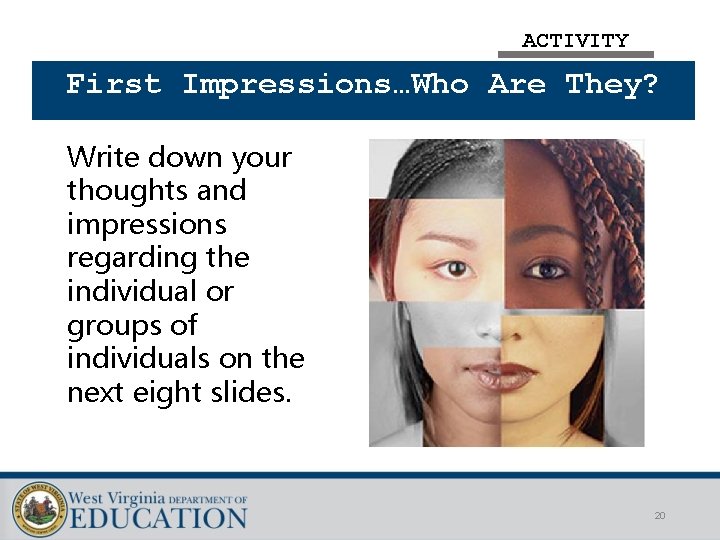 ACTIVITY First Impressions…Who Are They? Write down your thoughts and impressions regarding the individual
