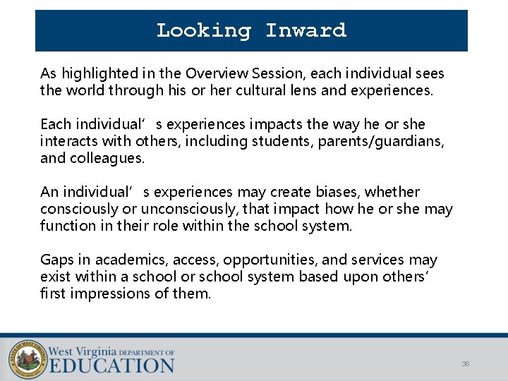 Looking Inward As highlighted in the Overview Session, each individual sees the world through