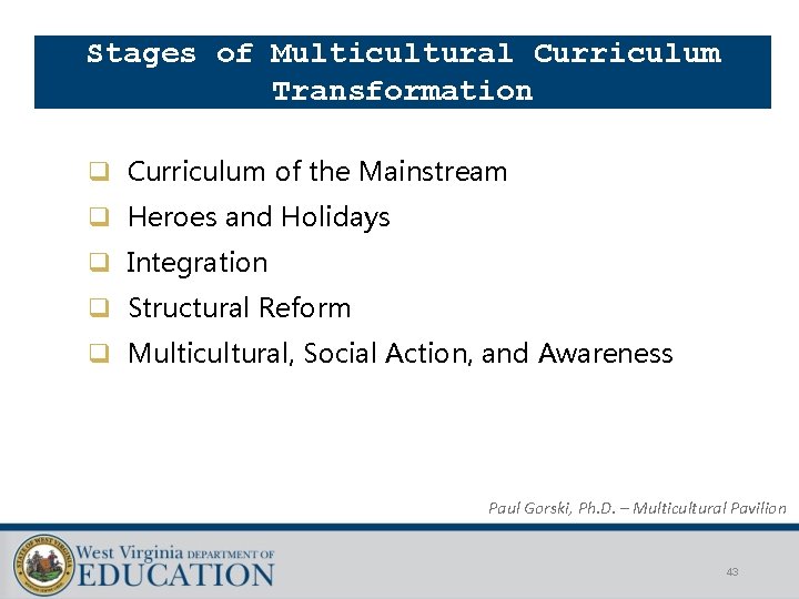 Stages of Multicultural Curriculum Transformation q Curriculum of the Mainstream q Heroes and Holidays