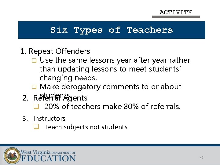 ACTIVITY Six Types of Teachers 1. Repeat Offenders q Use the same lessons year