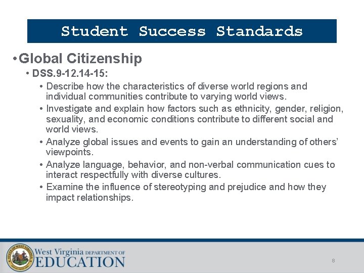 Student Success Standards • Global Citizenship • DSS. 9 -12. 14 -15: • Describe