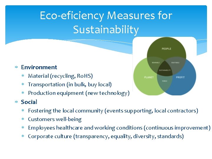 Eco-eficiency Measures for Sustainability Environment Material (recycling, Ro. HS) Transportation (in bulk, buy local) Eco-eficiency Measures for Sustainability Environment Material (recycling, Ro. HS) Transportation (in bulk, buy local)