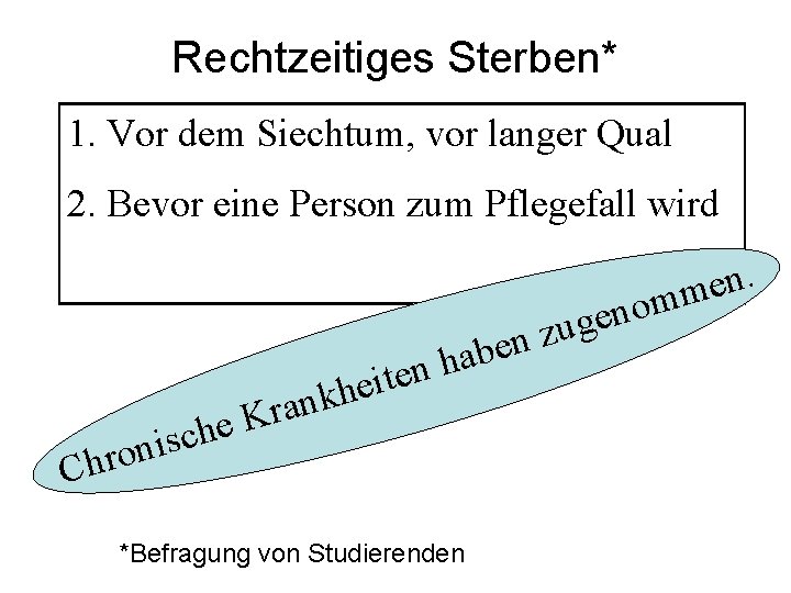 Rechtzeitiges Sterben* 1. Vor dem Siechtum, vor langer Qual 2. Bevor eine Person zum