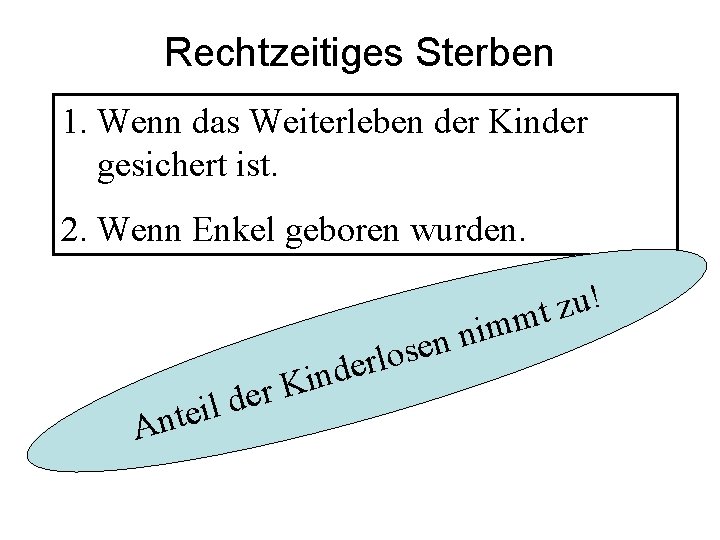 Rechtzeitiges Sterben 1. Wenn das Weiterleben der Kinder gesichert ist. 2. Wenn Enkel geboren