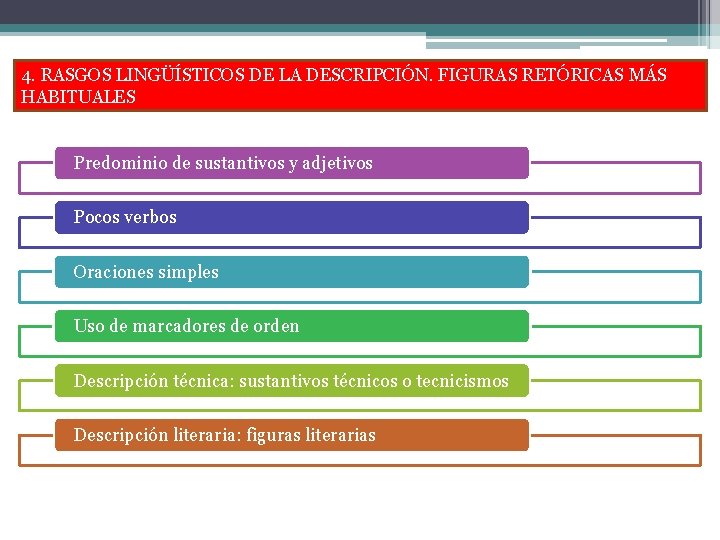 4. RASGOS LINGÜÍSTICOS DE LA DESCRIPCIÓN. FIGURAS RETÓRICAS MÁS HABITUALES Predominio de sustantivos y 4. RASGOS LINGÜÍSTICOS DE LA DESCRIPCIÓN. FIGURAS RETÓRICAS MÁS HABITUALES Predominio de sustantivos y