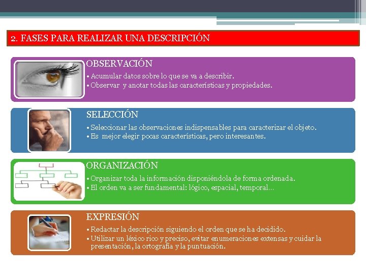 2. FASES PARA REALIZAR UNA DESCRIPCIÓN OBSERVACIÓN • Acumular datos sobre lo que se 2. FASES PARA REALIZAR UNA DESCRIPCIÓN OBSERVACIÓN • Acumular datos sobre lo que se