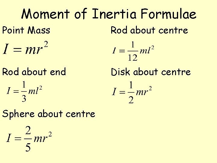 Moment of Inertia Formulae Point Mass Rod about centre Rod about end Disk about