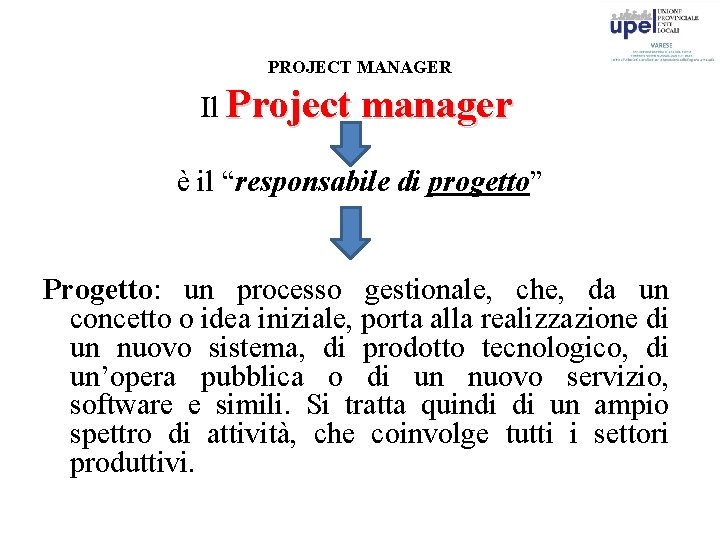 PROJECT MANAGER Il Project manager è il “responsabile di progetto” Progetto: un processo gestionale,