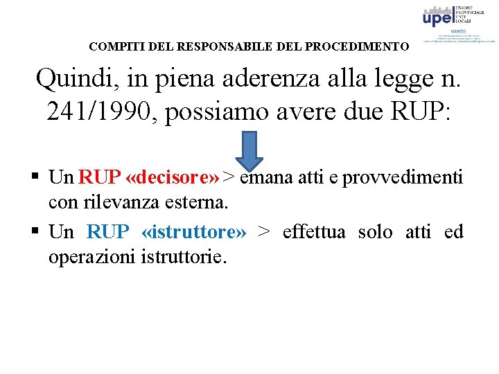 COMPITI DEL RESPONSABILE DEL PROCEDIMENTO Quindi, in piena aderenza alla legge n. 241/1990, possiamo