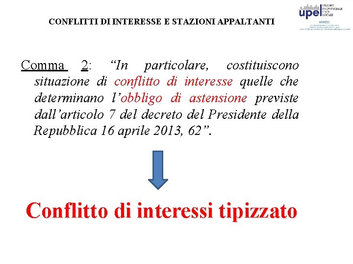 CONFLITTI DI INTERESSE E STAZIONI APPALTANTI Comma 2: “In particolare, costituiscono situazione di conflitto