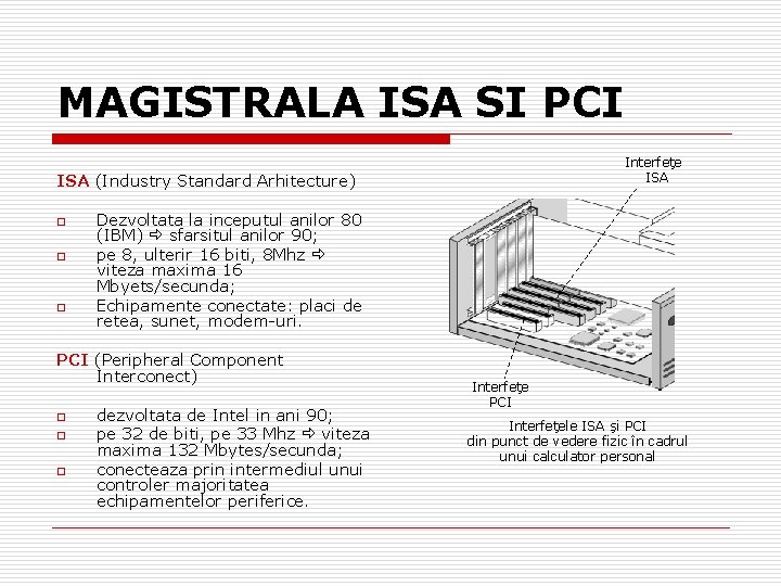 MAGISTRALA ISA SI PCI Interfeţe ISA (Industry Standard Arhitecture) o o o Dezvoltata la