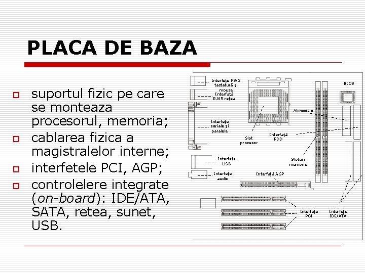 PLACA DE BAZA o o suportul fizic pe care se monteaza procesorul, memoria; cablarea