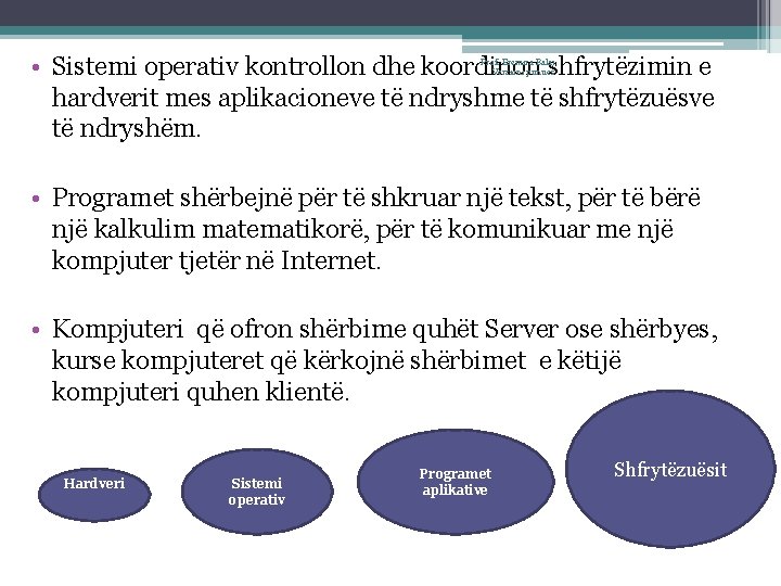  • Sistemi operativ kontrollon dhe koordinon shfrytëzimin e hardverit mes aplikacioneve të ndryshme