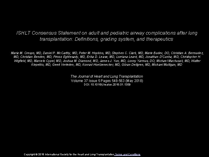 ISHLT Consensus Statement on adult and pediatric airway complications after lung transplantation: Definitions, grading