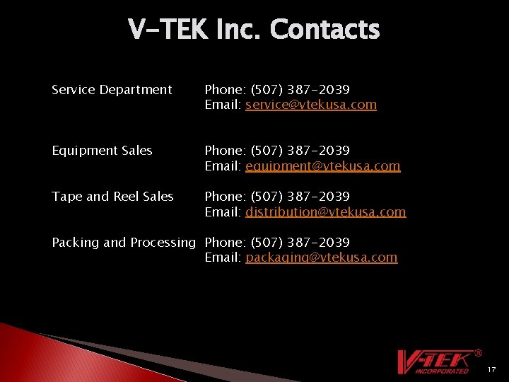 V-TEK Inc. Contacts Service Department Phone: (507) 387 -2039 Email: service@vtekusa. com Equipment Sales