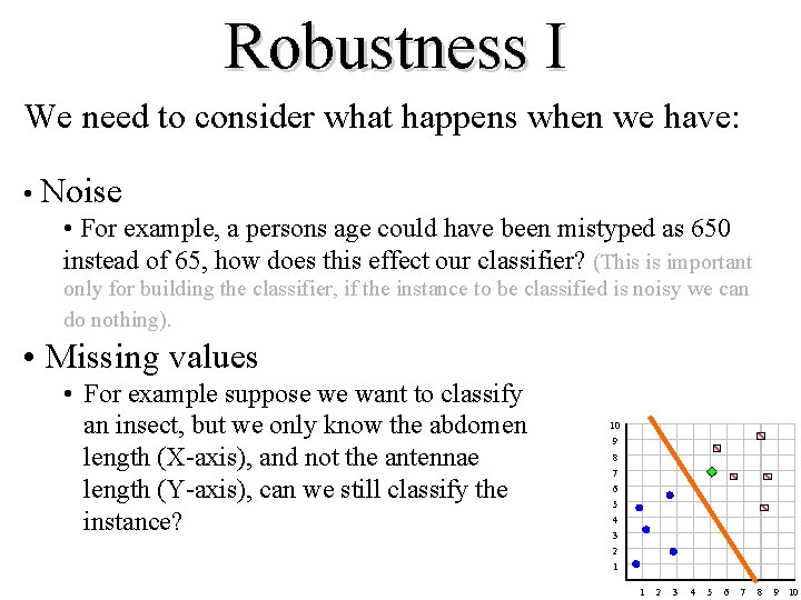 Robustness I We need to consider what happens when we have: • Noise •