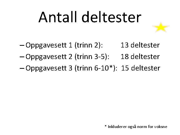 Antall deltester – Oppgavesett 1 (trinn 2): 13 deltester – Oppgavesett 2 (trinn 3 Antall deltester – Oppgavesett 1 (trinn 2): 13 deltester – Oppgavesett 2 (trinn 3