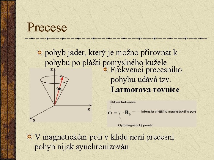 Precese pohyb jader, který je možno přirovnat k pohybu po plášti pomyslného kužele Frekvenci Precese pohyb jader, který je možno přirovnat k pohybu po plášti pomyslného kužele Frekvenci