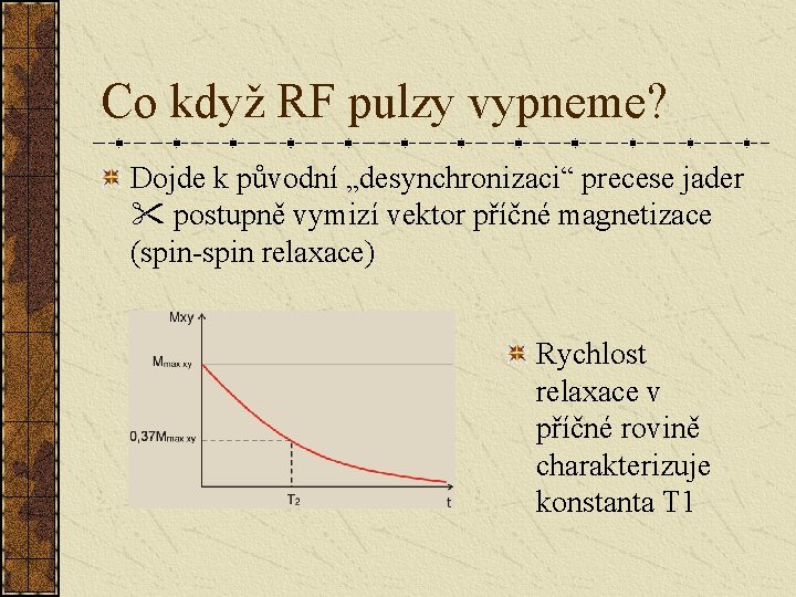 Co když RF pulzy vypneme? Dojde k původní „desynchronizaci“ precese jader postupně vymizí vektor Co když RF pulzy vypneme? Dojde k původní „desynchronizaci“ precese jader postupně vymizí vektor