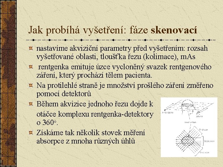 Jak probíhá vyšetření: fáze skenovací nastavíme akviziční parametry před vyšetřením: rozsah vyšetřované oblasti, tloušťka Jak probíhá vyšetření: fáze skenovací nastavíme akviziční parametry před vyšetřením: rozsah vyšetřované oblasti, tloušťka