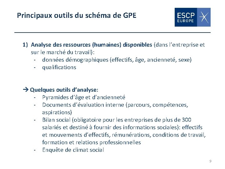 Principaux outils du schéma de GPE 1) Analyse des ressources (humaines) disponibles (dans l’entreprise