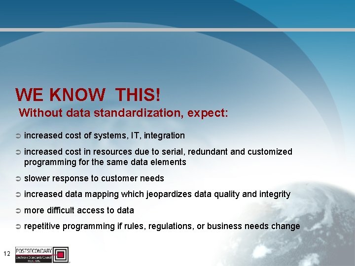 WE KNOW THIS! Without data standardization, expect: 12 Ü increased cost of systems, IT,