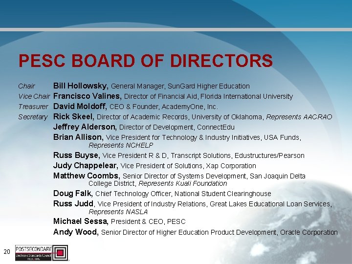 PESC BOARD OF DIRECTORS Bill Hollowsky, General Manager, Sun. Gard Higher Education Vice Chair