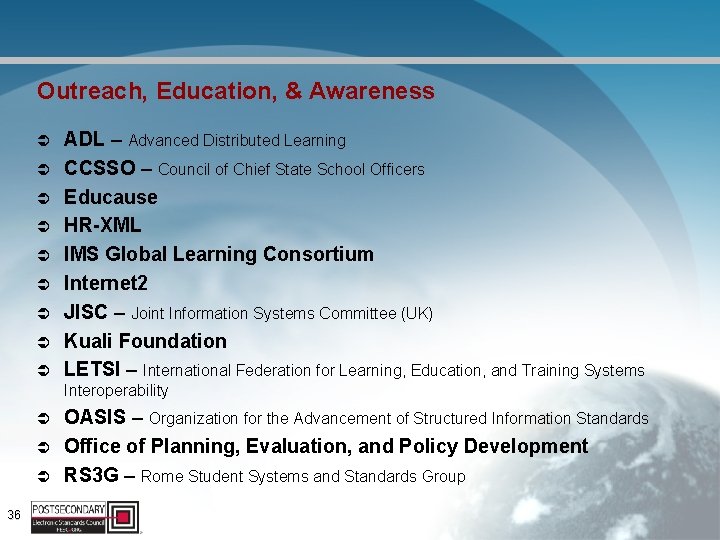 Outreach, Education, & Awareness Ü Ü Ü Ü Ü ADL – Advanced Distributed Learning
