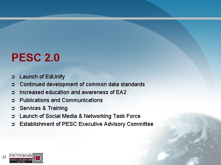 PESC 2. 0 Ü Ü Ü Ü 37 Launch of Ed. Unify Continued development