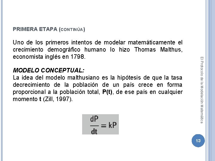 PRIMERA ETAPA (CONTINÚA) MODELO CONCEPTUAL: La idea del modelo malthusiano es la hipótesis de