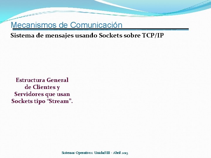 Mecanismos de Comunicación Sistema de mensajes usando Sockets sobre TCP/IP Estructura General de Clientes