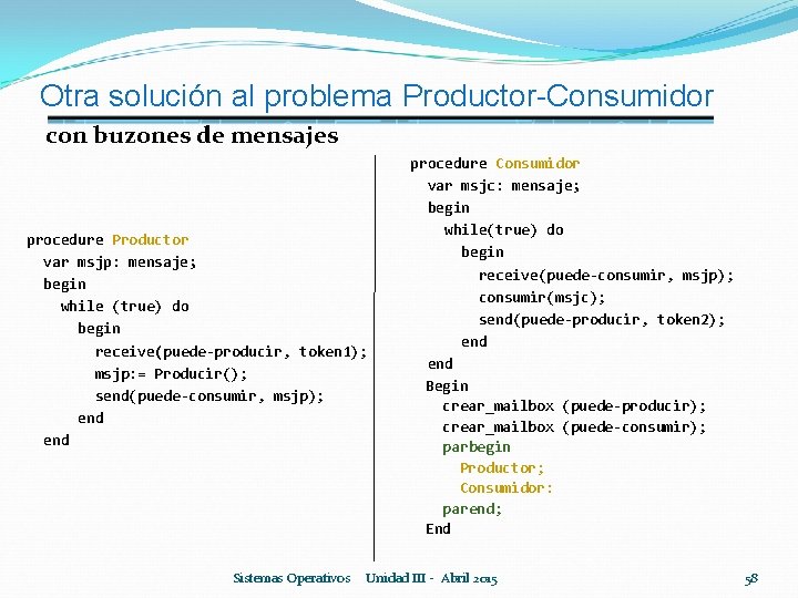 Otra solución al problema Productor-Consumidor con buzones de mensajes procedure Productor var msjp: mensaje;