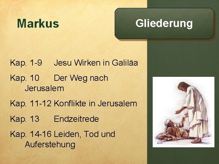 Markus Kap. 1 -9 Gliederung Jesu Wirken in Galiläa Kap. 10 Der Weg nach