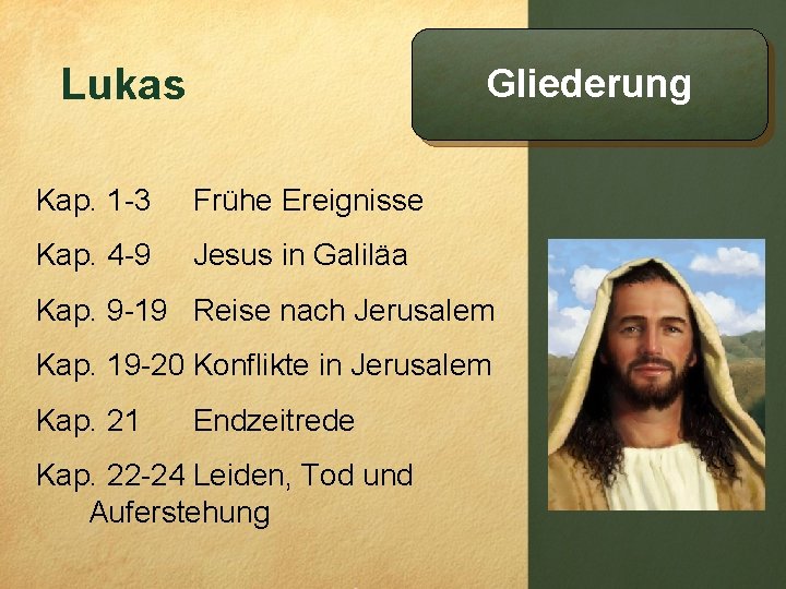 Lukas Gliederung Kap. 1 -3 Frühe Ereignisse Kap. 4 -9 Jesus in Galiläa Kap.