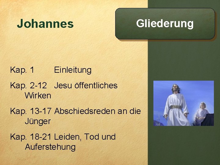 Johannes Kap. 1 Gliederung Einleitung Kap. 2 -12 Jesu öffentliches Wirken Kap. 13 -17