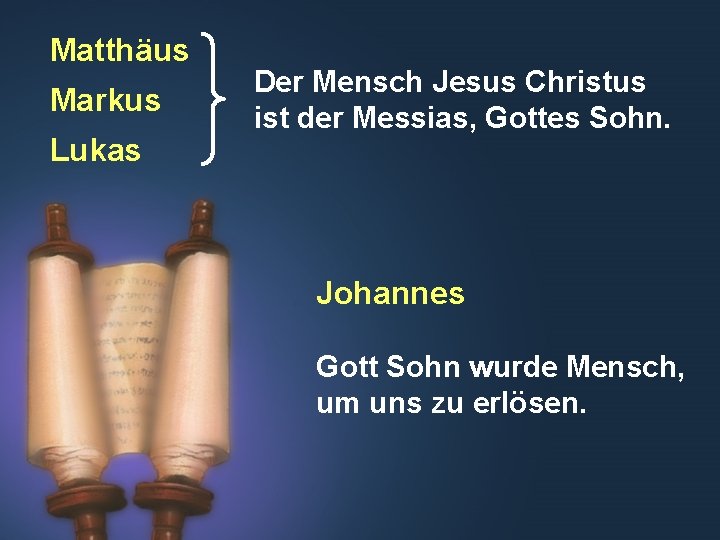 Matthäus Markus Lukas Der Mensch Jesus Christus ist der Messias, Gottes Sohn. Johannes Gott