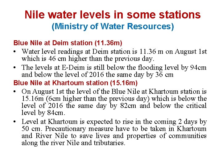 Nile water levels in some stations (Ministry of Water Resources) Blue Nile at Deim