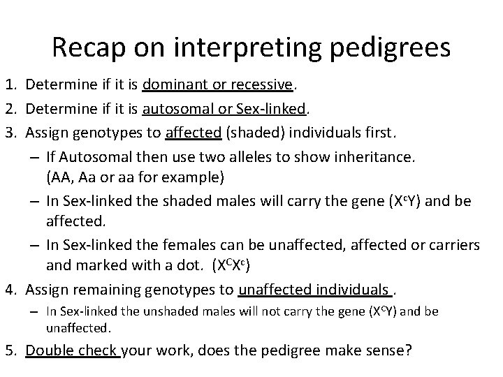 Recap on interpreting pedigrees 1. Determine if it is dominant or recessive. 2. Determine