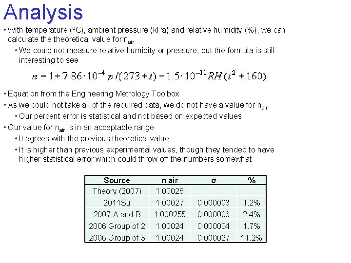 Analysis • With temperature (ºC), ambient pressure (k. Pa) and relative humidity (%), we