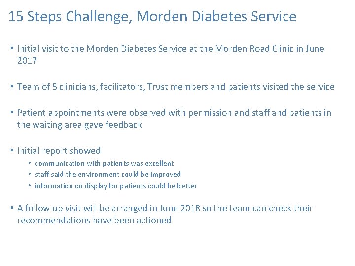 15 Steps Challenge, Morden Diabetes Service • Initial visit to the Morden Diabetes Service