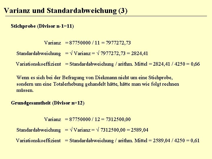 Varianz und Standardabweichung (3) Stichprobe (Divisor n-1=11) Varianz = 87750000 / 11 = 7977272,